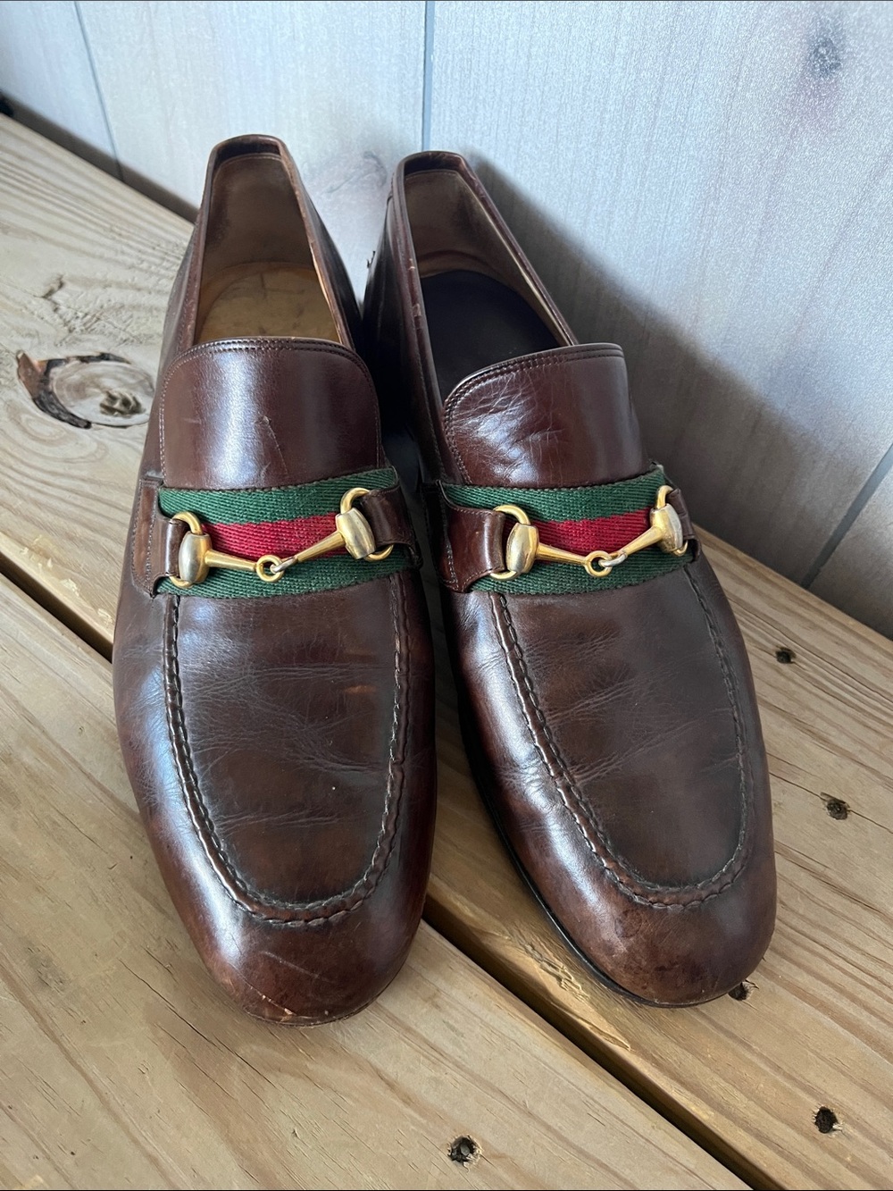 Gucci Brown Leather Loafers with Green and Red Webbing and Gold Bit